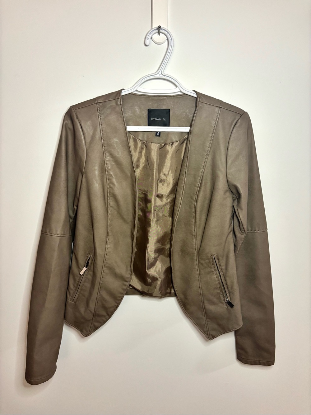 Dynamite Taupe Open-Front Faux Leather Jacket